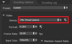 vMix Virtual Capture в настройках программы Flash Media Live Encoder